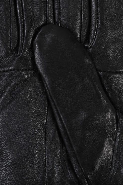 Black Nappa leather gloves with warm lining and black fur cuff by LLD Original, perfect for cold weather.