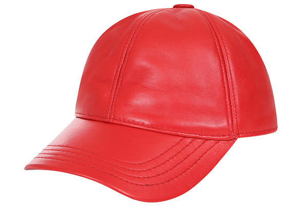 Red nappa leather baseball cap with curved peak and adjustable strap by LLD Original