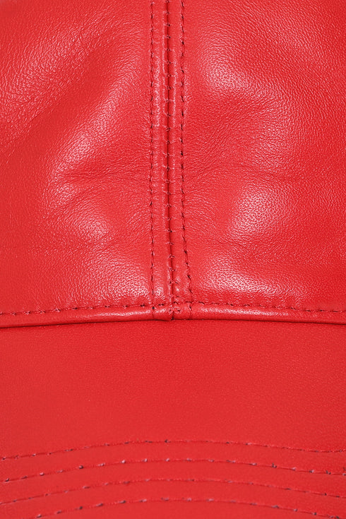 Red Nappa leather baseball cap with curved peak and adjustable strap by LLD Original