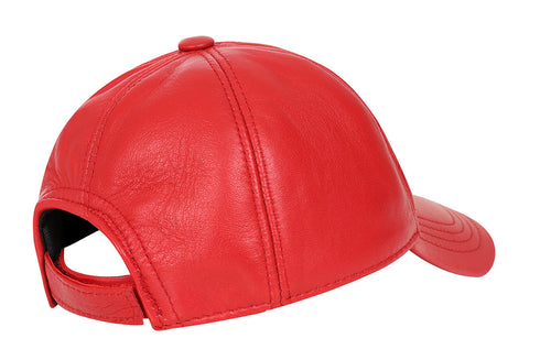 Red Nappa leather baseball cap with curved peak and adjustable strap by LLD Original
