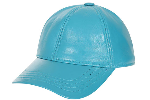 Turquoise leather baseball cap by LLD Original with soft lamb nappa and curved peak, adjustable velcro strap.
