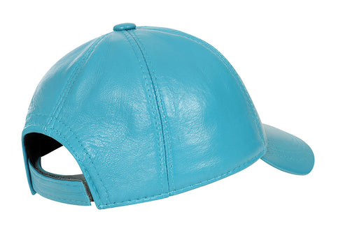 Turquoise leather baseball cap with curved peak and adjustable velcro, by LLD Original.