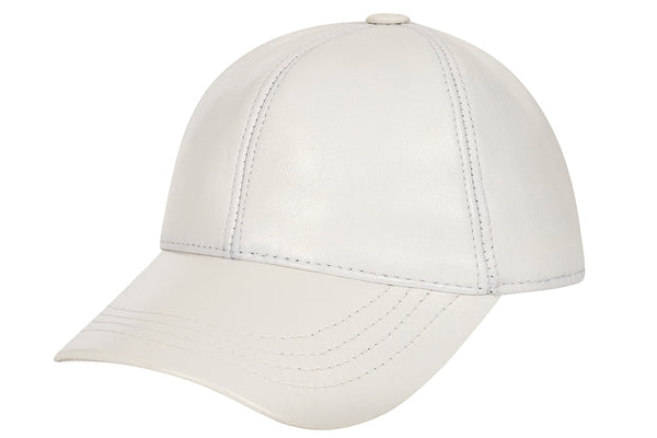 White curved peak Nappa leather baseball cap by LLD Original with adjustable strap