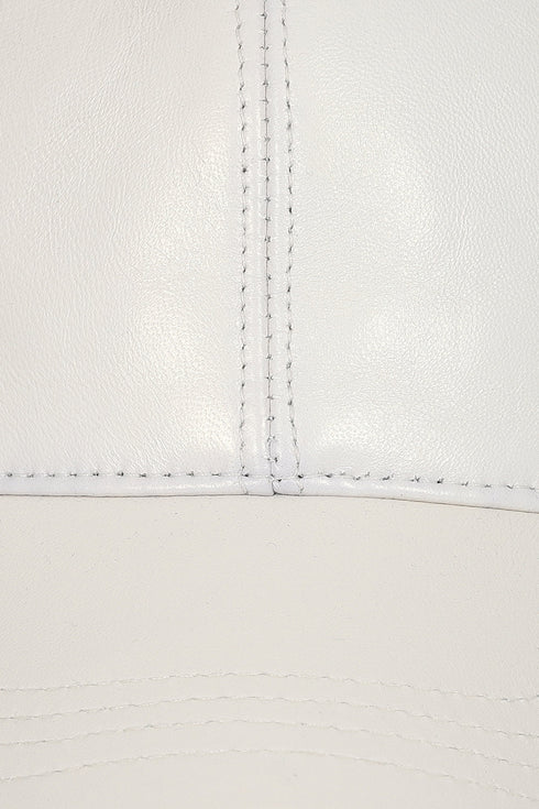 White curved peak nappa leather baseball cap by LLD Original with adjustable strap