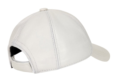 White leather baseball cap with curved peak by LLD Original, adjustable fit for comfort
