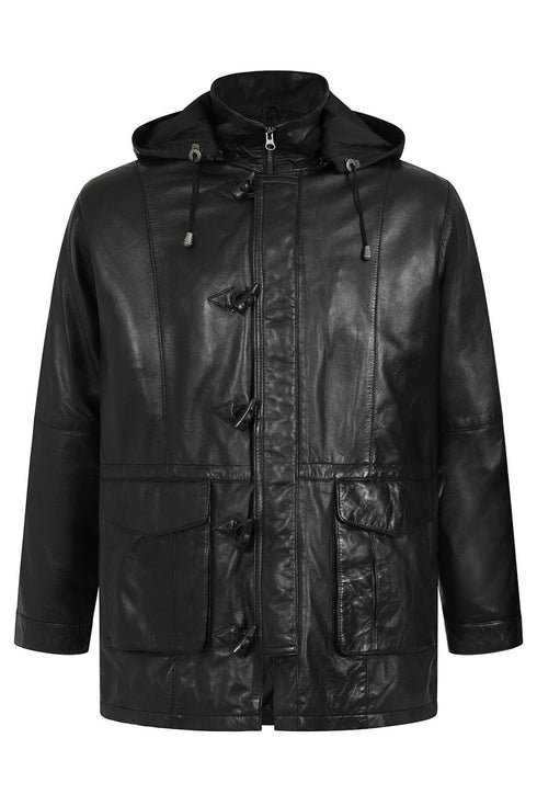 Men's Real Genuine Leather Classic Duffle Coat Jacket with Detachable Hood - Olly - London Leathers Direct
