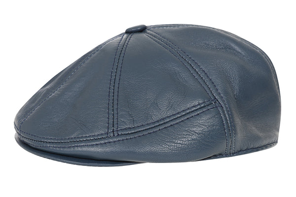 Navy blue genuine Nappa leather flat cap by LLD Original with elasticated band for comfort