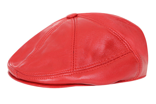 Red premium lamb nappa leather flat cap by LLD Original in classic London style