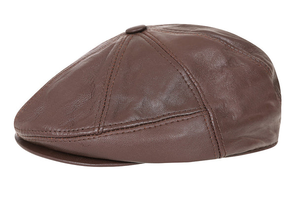 Genuine brown nappa leather London flat cap by LLD Original, classic cabbie style headwear.