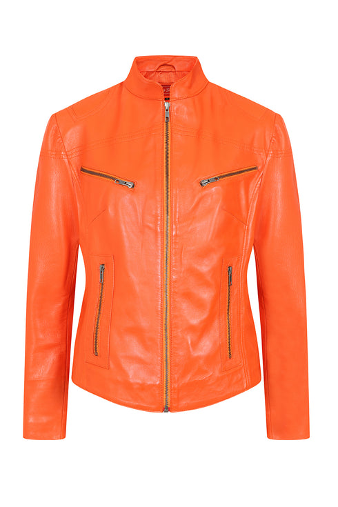 Women's orange leather biker jacket with collar and inside pocket, fitted style by LLD Original