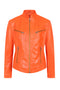 Women's orange leather biker jacket with collar and inside pocket, fitted style by LLD Original