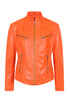 Women's orange leather biker jacket with collar and inside pocket, fitted style by LLD Original