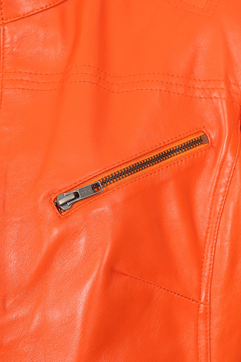 Women's Orange Lamb Nappa Leather Biker Jacket - Chloe Style