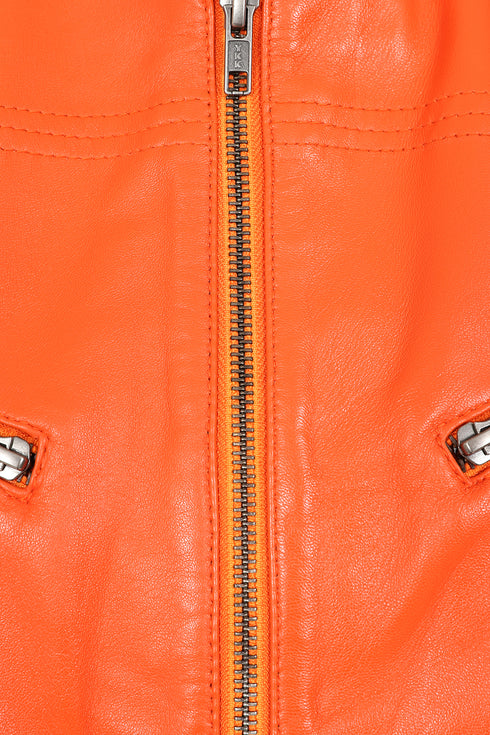 Women's orange leather biker jacket by LLD Original, fitted design, hip length, with collar and inside pocket.