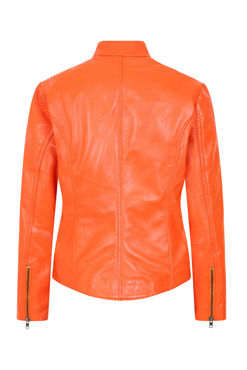 Women's orange leather biker jacket with collar, fitted style, and inside pocket by LLD Original