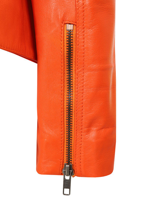 Womens orange leather biker jacket with collar, fitted style, and inside pocket by LLD Original