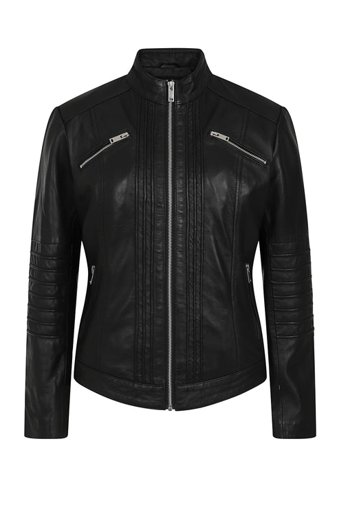 Black lamb nappa leather biker jacket with stand-up collar by LLD Original, available in multiple sizes.
