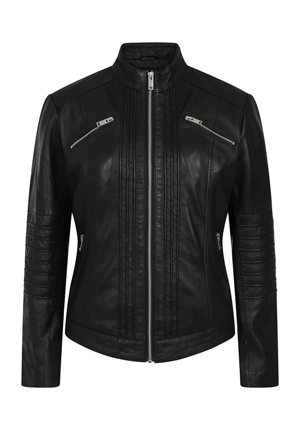 Black lamb nappa leather biker jacket with stand-up collar by LLD Original, available in multiple sizes.