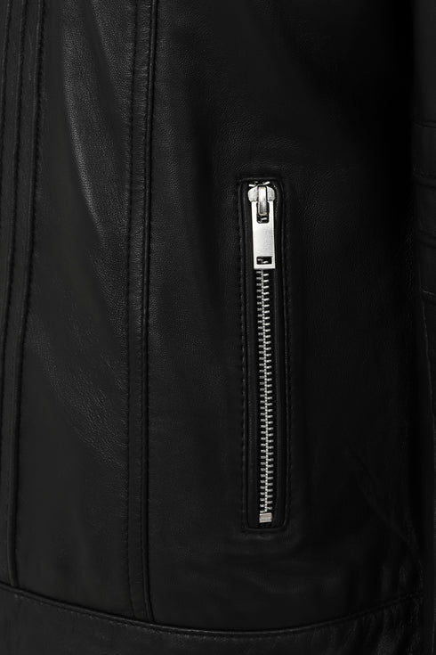 Black lamb nappa leather biker jacket with stand-up collar by LLD Original