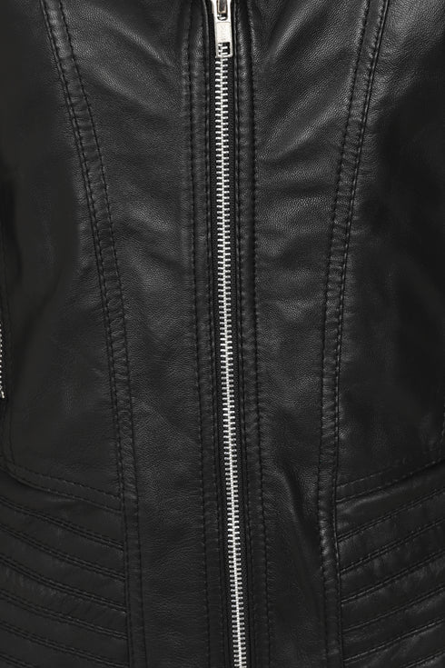 LLD Original black genuine nappa leather biker jacket for women, featuring a classic design and available in multiple sizes.