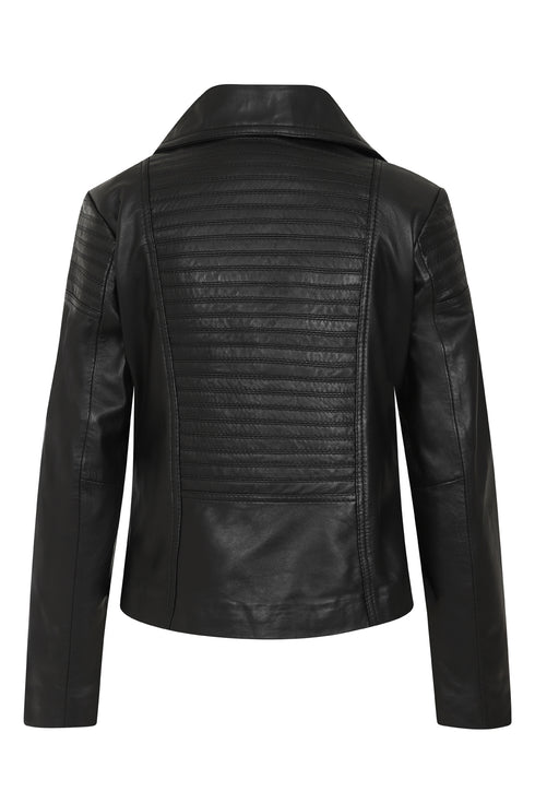 LLD Original black genuine nappa leather biker jacket for women, featuring a stylish design in various sizes.