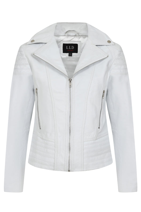 Women's white real leather biker jacket with a fitted design, available in sizes 8 to 18, by LLD Original