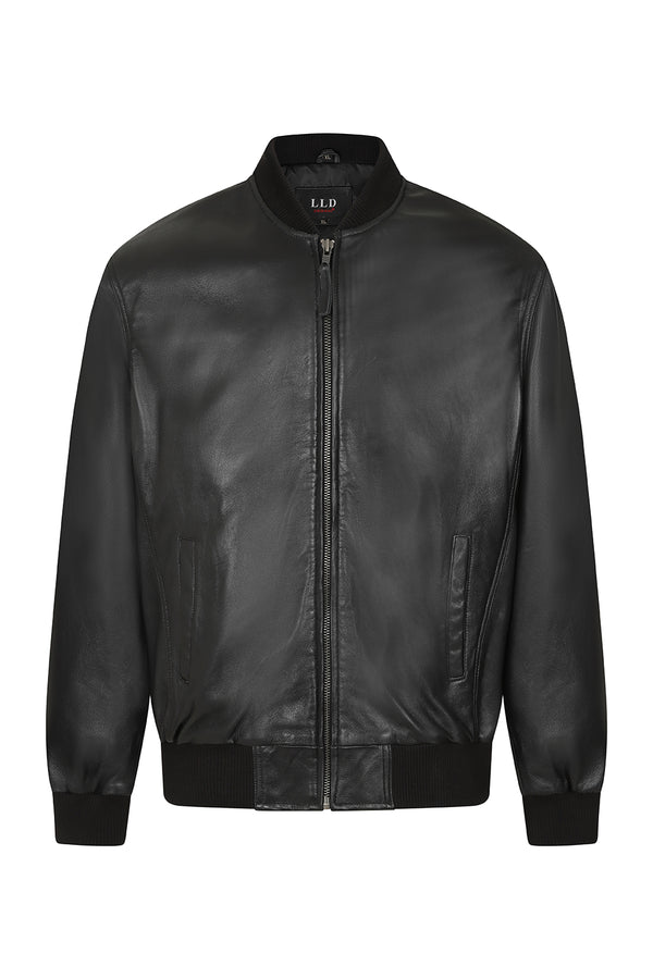 Luxury black nappa leather bomber jacket for men by LLD Original, available in sizes 2XL to 5XL