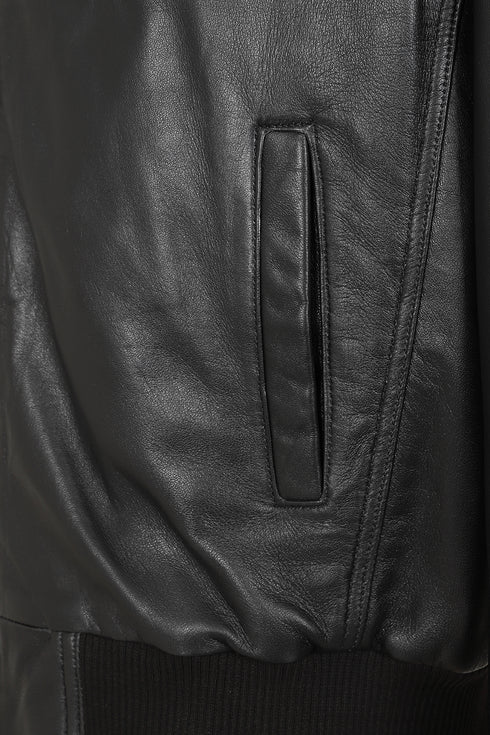 Black nappa leather bomber jacket with ribbed collar and cuffs, by LLD Original, available in multiple sizes.