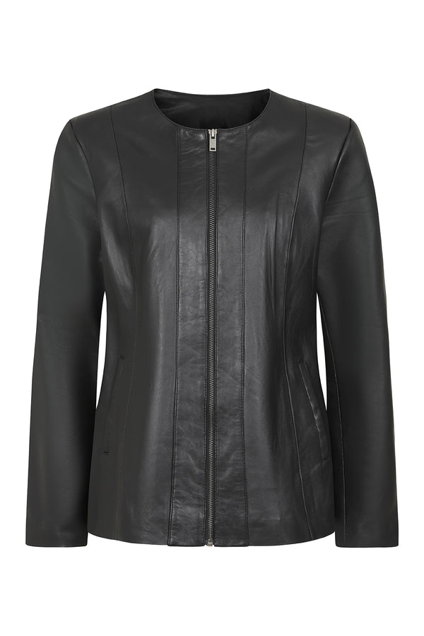 LLD Original classic black nappa leather jacket for women, no collar, available in sizes 8, 10, and 12.