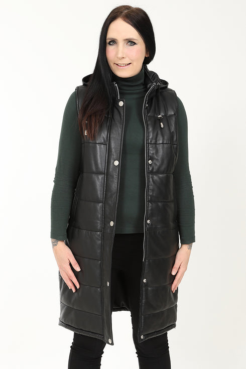 Black leather quilted gilet with detachable hood, available in sizes 8 to 18, by LLD Original.