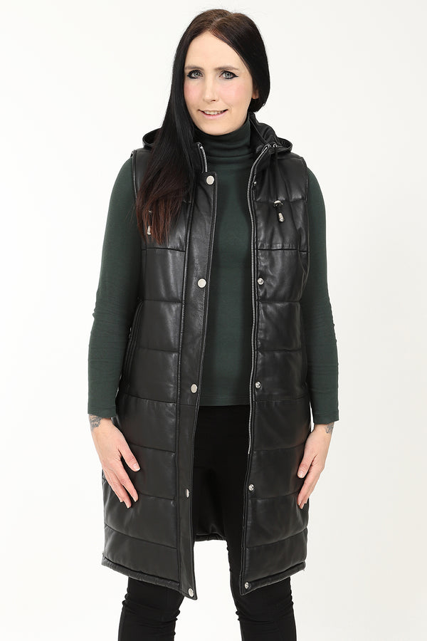 Black leather quilted gilet with detachable hood, available in sizes 8 to 18, by LLD Original.