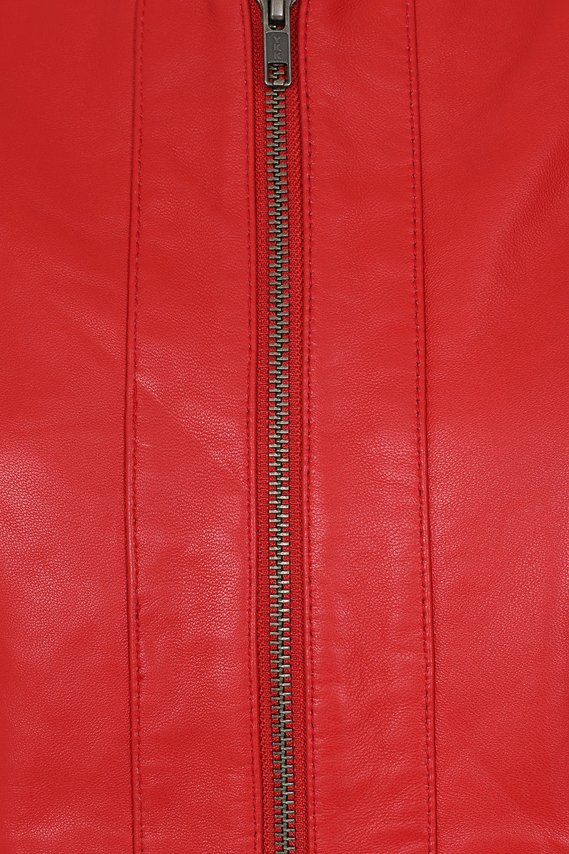 Women's Classic Red Real Leather Jacket No Collar