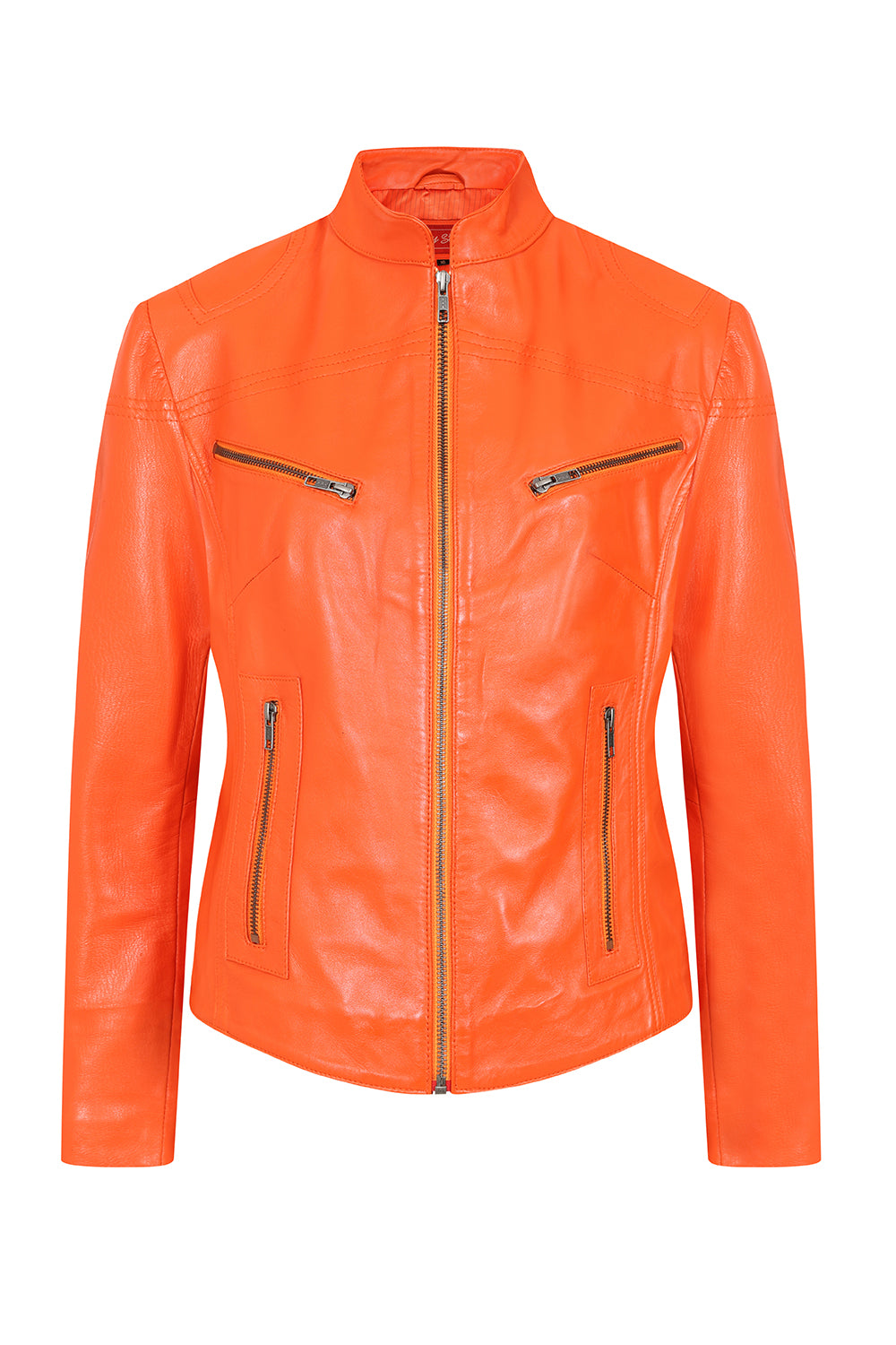 Women s Orange Leather Biker Style Jacket Nicely Fitted